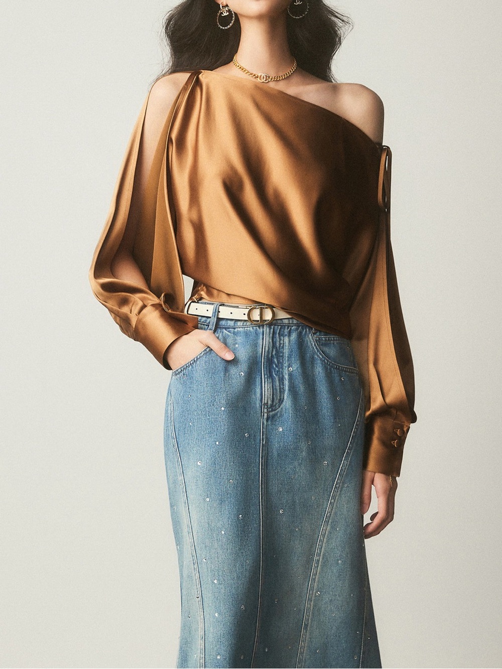Satin Asymmetrical Cold Shoulder Tied Blouse - Commense - Picture 5 of 5